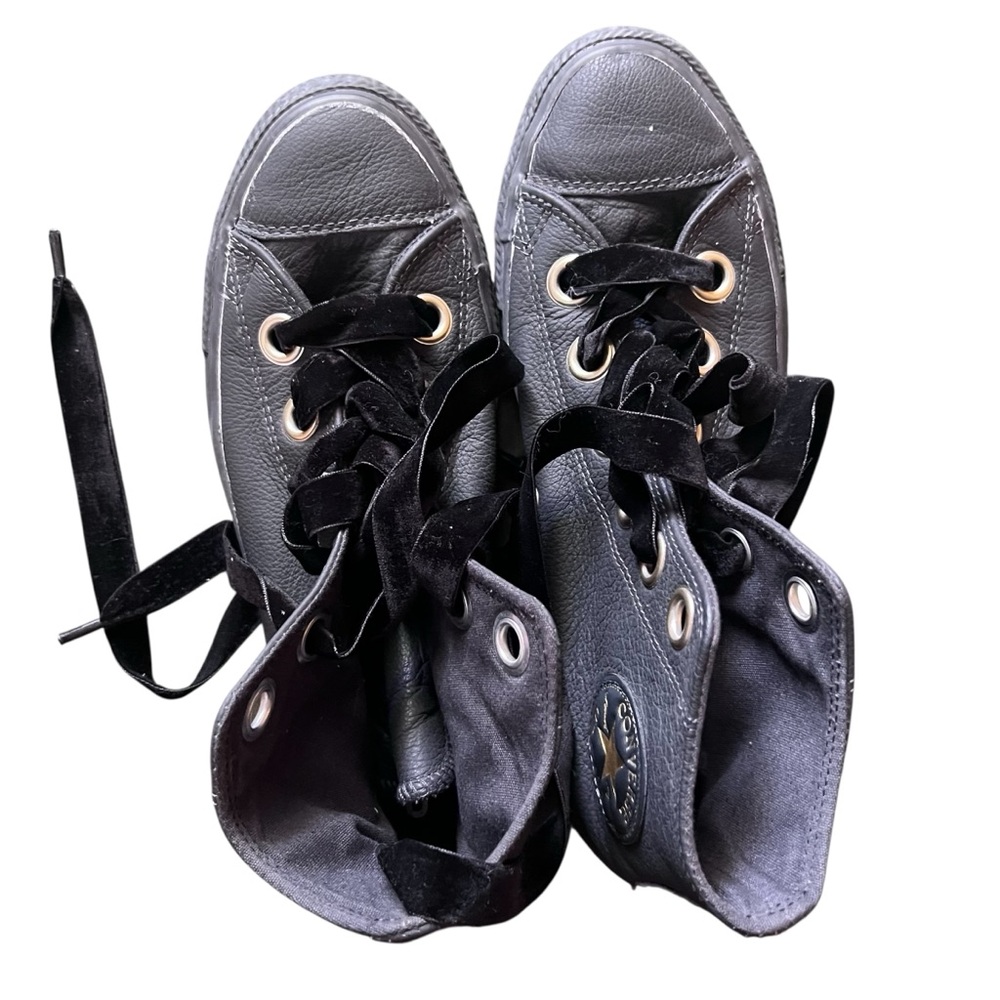 Converse Black Genuine Leather High-Top Gold Logo Sneakers Women 9 EUC - Picture 3 of 9